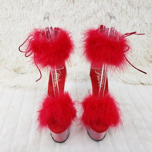 Red Furry Marabou Feather 7" High Heel Platform Shoe - Picture 13 of 15
